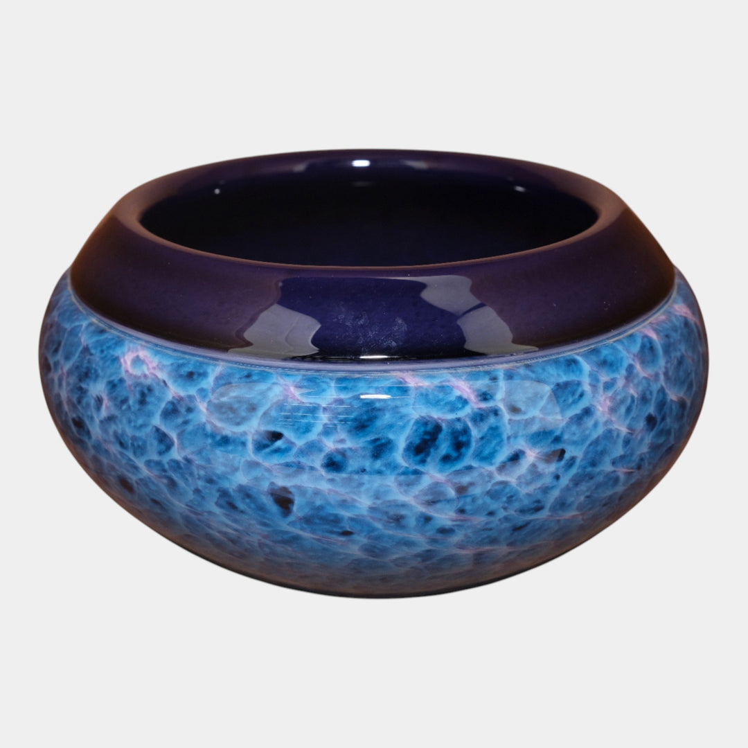Curtis Brock Studio Art Glass Blue Mottled Swirling Body Bowl With Indigo Rim