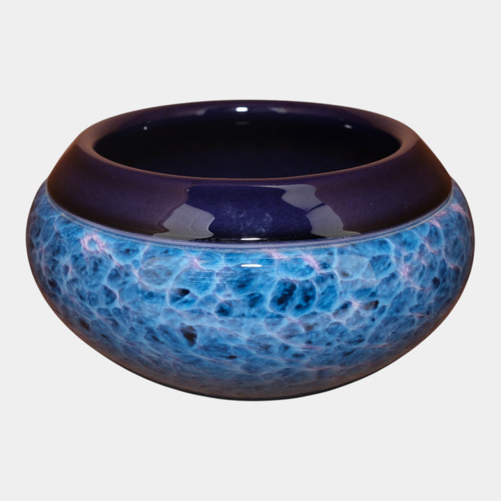 Curtis Brock Studio Art Glass Blue Mottled Swirling Body Bowl With Indigo Rim