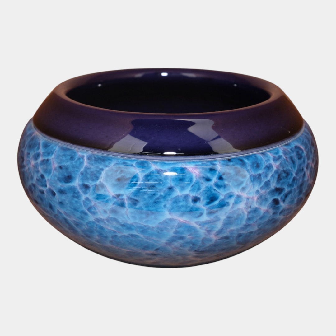 Curtis Brock Studio Art Glass Blue Mottled Swirling Body Bowl With Indigo Rim
