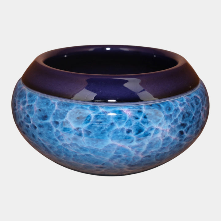 Curtis Brock Studio Art Glass Blue Mottled Swirling Body Bowl With Indigo Rim